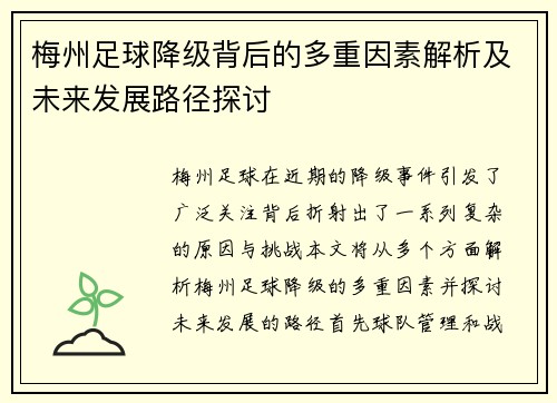 梅州足球降级背后的多重因素解析及未来发展路径探讨 梅州足球降级背后的多重因素解析及未来发展路径探讨