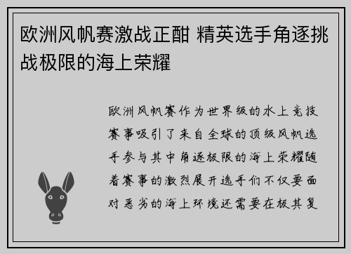 欧洲风帆赛激战正酣 精英选手角逐挑战极限的海上荣耀