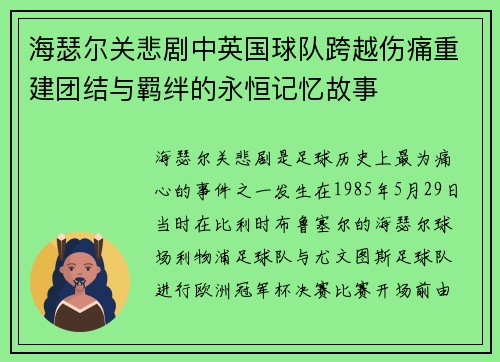 海瑟尔关悲剧中英国球队跨越伤痛重建团结与羁绊的永恒记忆故事