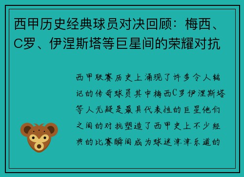 西甲历史经典球员对决回顾：梅西、C罗、伊涅斯塔等巨星间的荣耀对抗